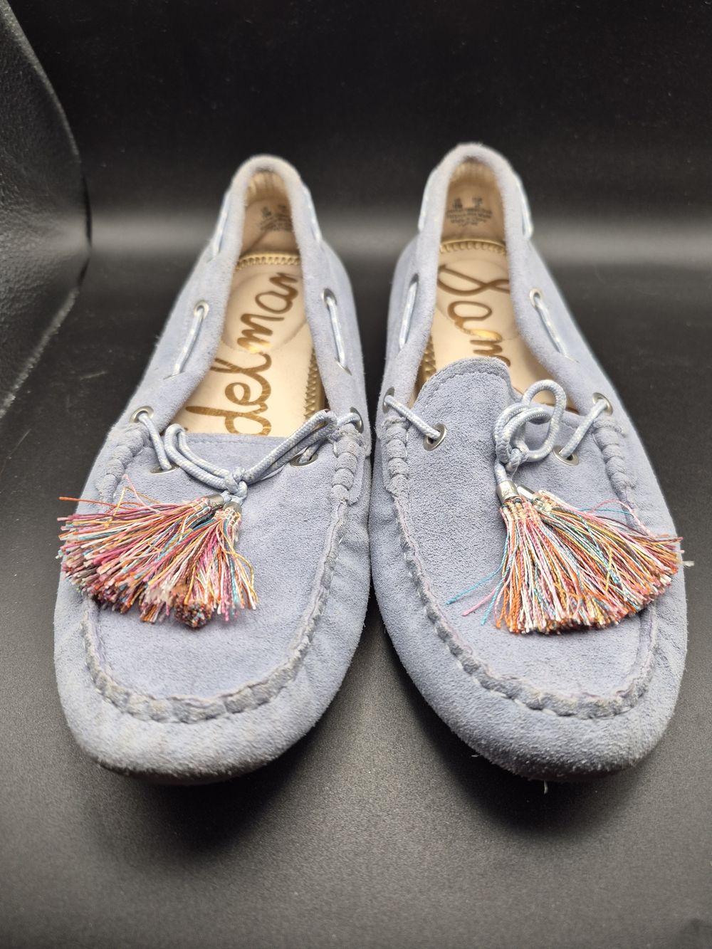 Sam Edelman Light Blue Suede Loafer with Gold Accents